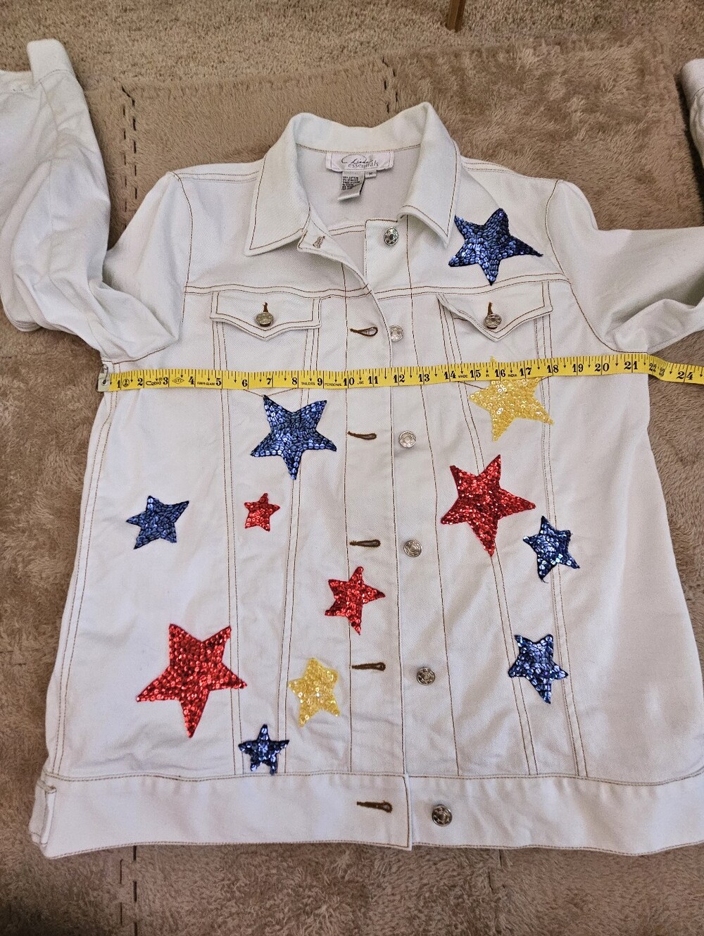 Rare Vintage Diane Essentials White Collared Jean Jacket with Sequin Stars Sz M - Picture 3 of 8